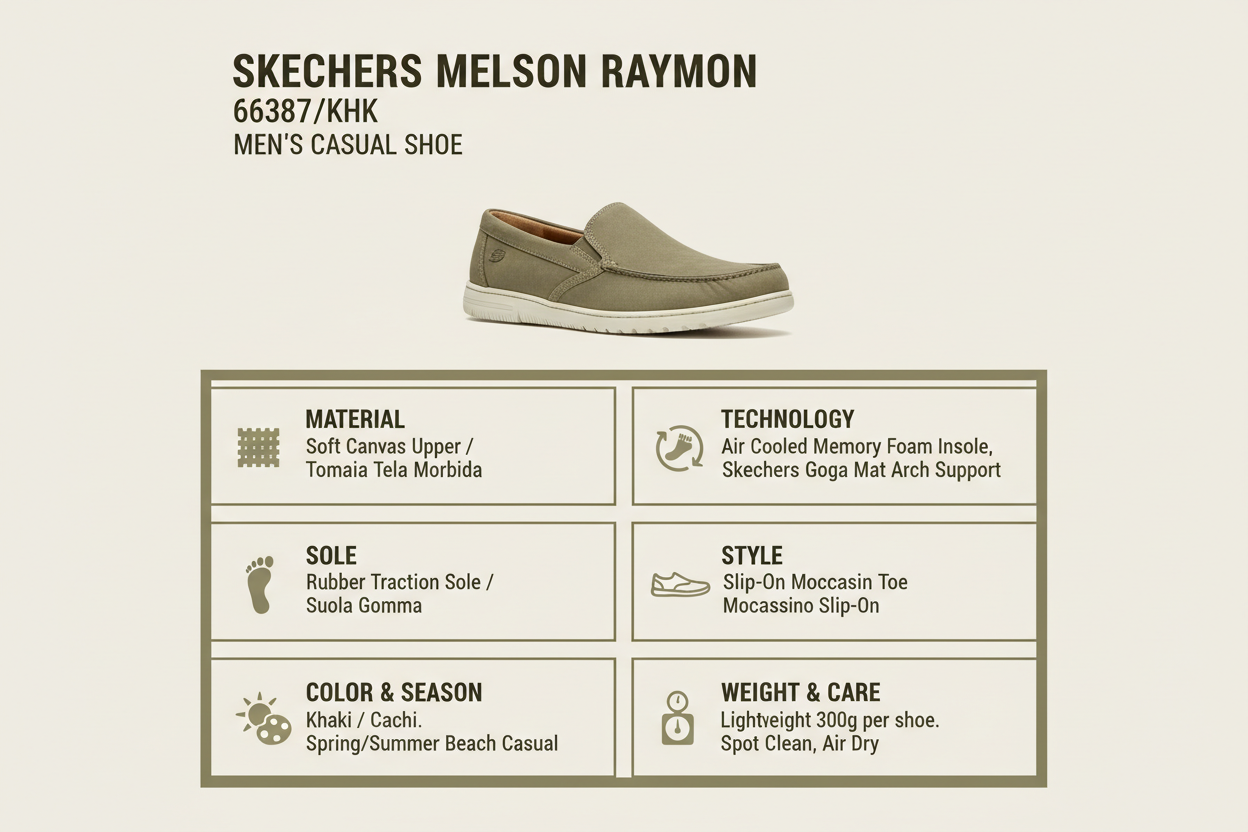 Infografica tecnica Skechers Melson Raymon 66387/KHK: materiali, tecnologie, cura