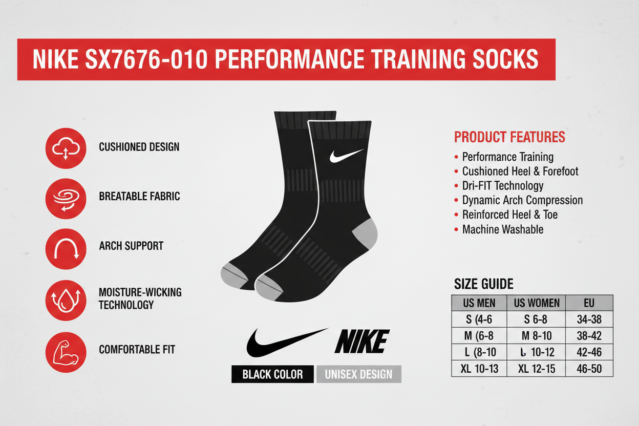 Infografica tecnica Nike SX7676-010 calze training nere: comfort, performance, cushioned, traspiranti, supporto arco