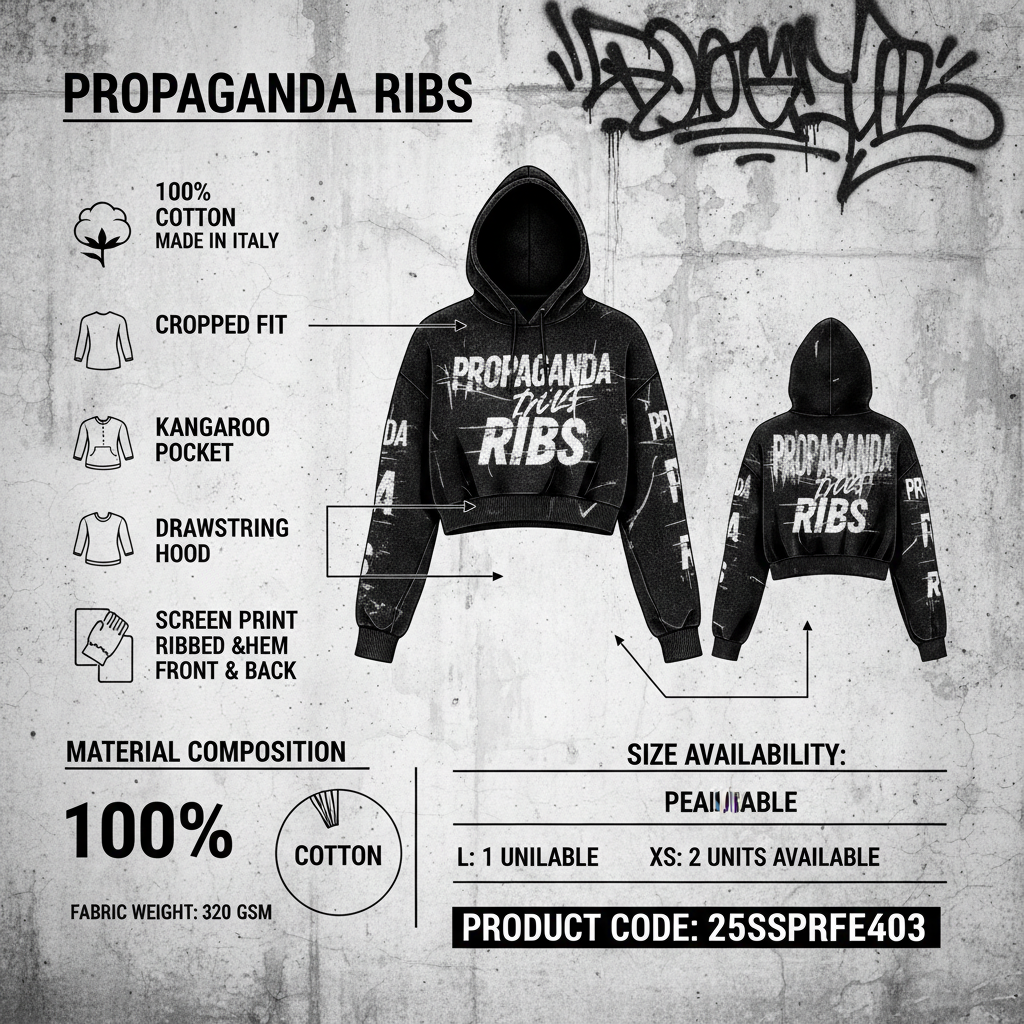 Infografica tecnica Propaganda Ribs 25SSPRFE403 felpa crop cappuccio donna nero - specifiche 100% cotone Made in Italy stampa serigrafica tasca marsupio