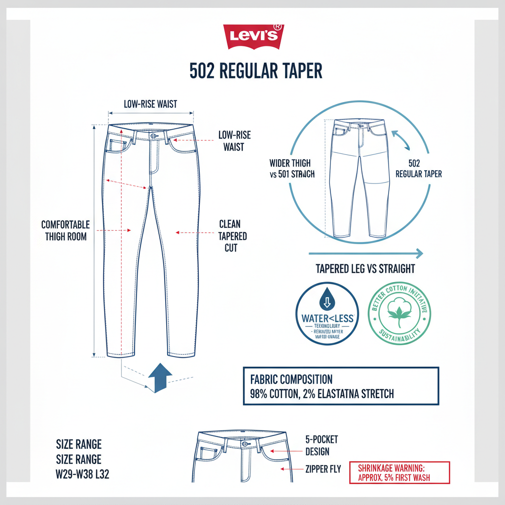 Infografica tecnica Levi's 502 Regular Taper - fit affusolato Water<Less sostenibilità