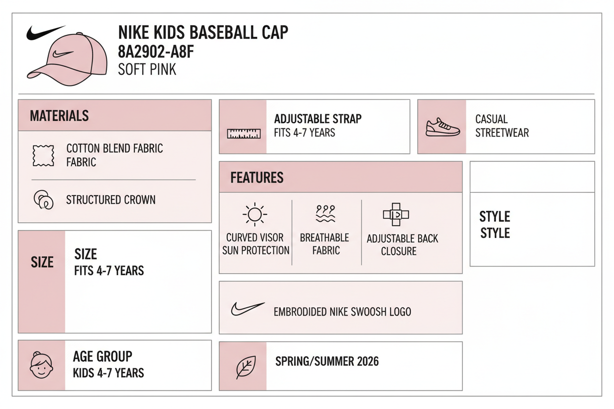 Infografica tecnica Nike berretto visiera bambina 8A2902-A8F rosa: materiali cotone traspirante, età 4-7 anni, visiera curva protezione solare, chiusura regolabile, logo swoosh ricamato, peso 200g
