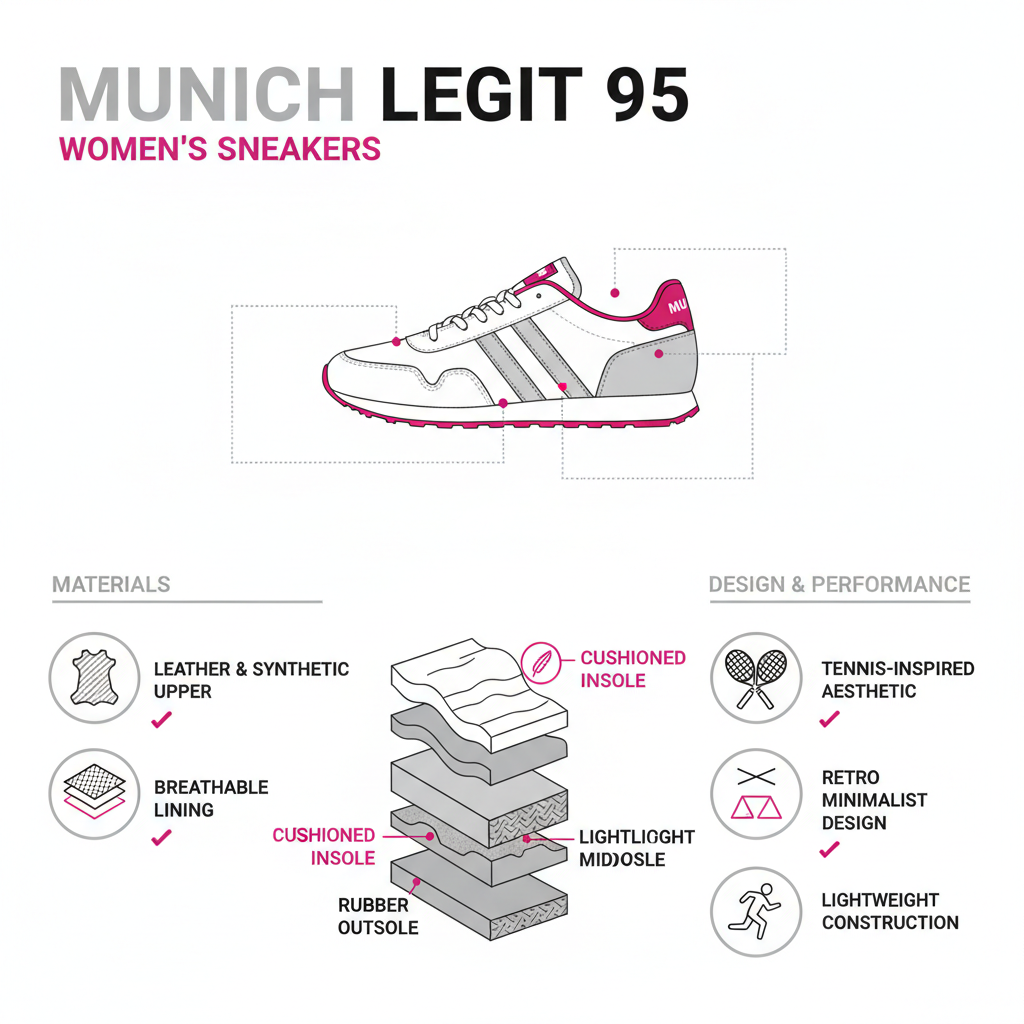 Infografica tecnica Munich Legit 95: pelle sintetico, tennis-inspired, plantare imbottito, suola gomma, 270g