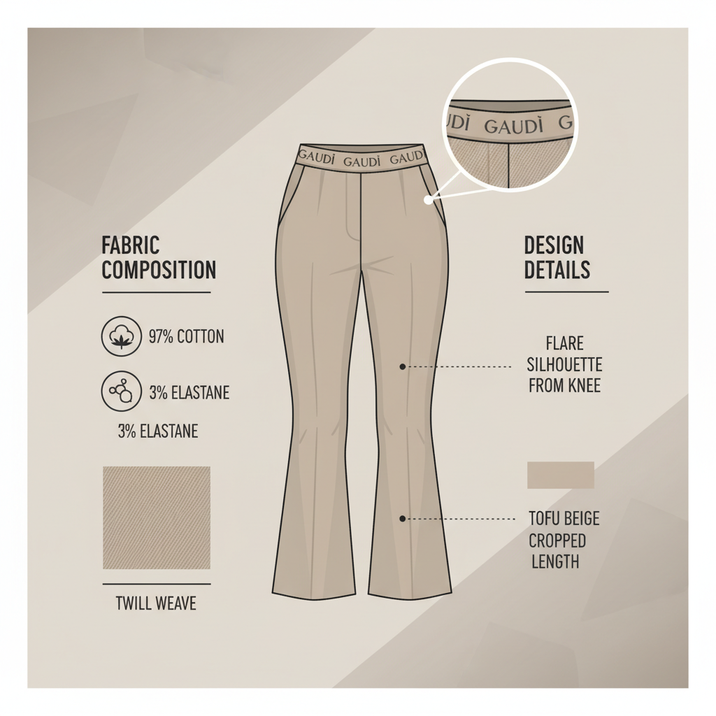 Infografica tecnica Gaudì Pantaloni: twill 97% cotone 3% elastan, flare cropped, salpa logata, tofu beige, peso 380g
