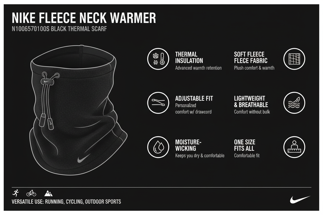 Nike scaldacollo pile N1000657010OS caratteristiche: fleece termico, cordino regolabile, peso 40g, moisture-wicking, one size, protezione freddo 0-10°C