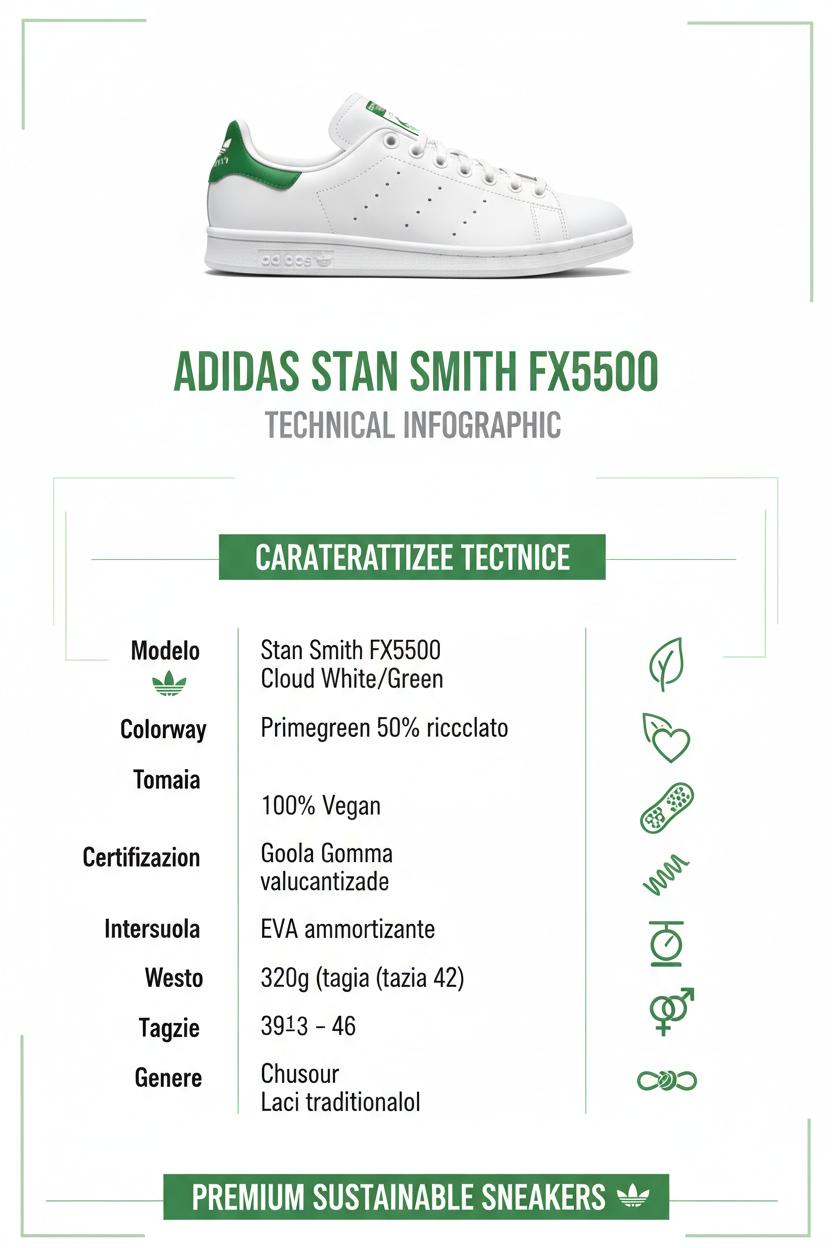 Infografica tecnica Adidas Stan Smith FX5500 bianco verde Primegreen vegan specifiche materiali taglie sostenibilità