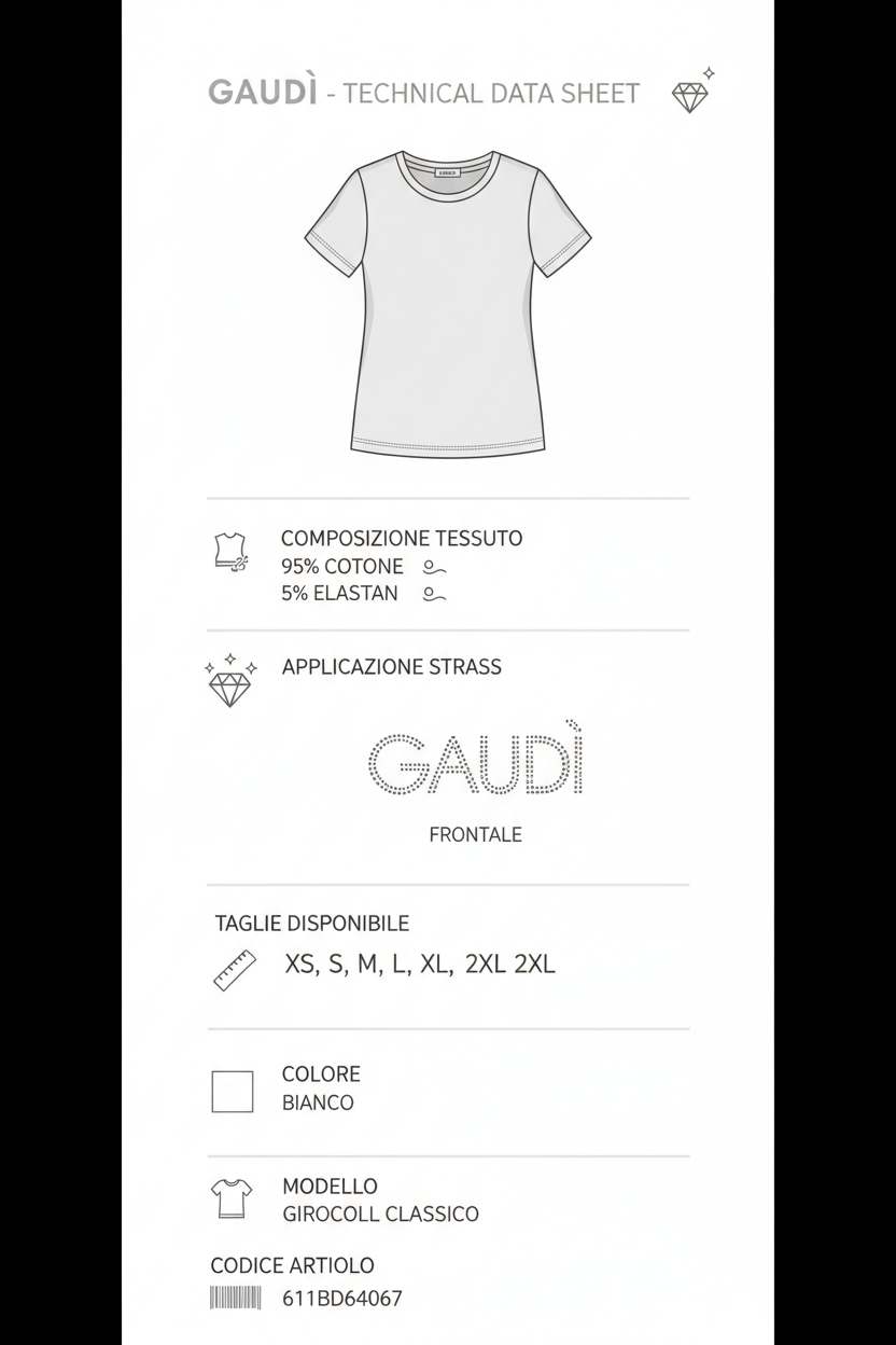 Infografica tecnica t-shirt donna Gaudì 611BD64067 con strass - composizione tessuto, taglie, dettagli applicazioni