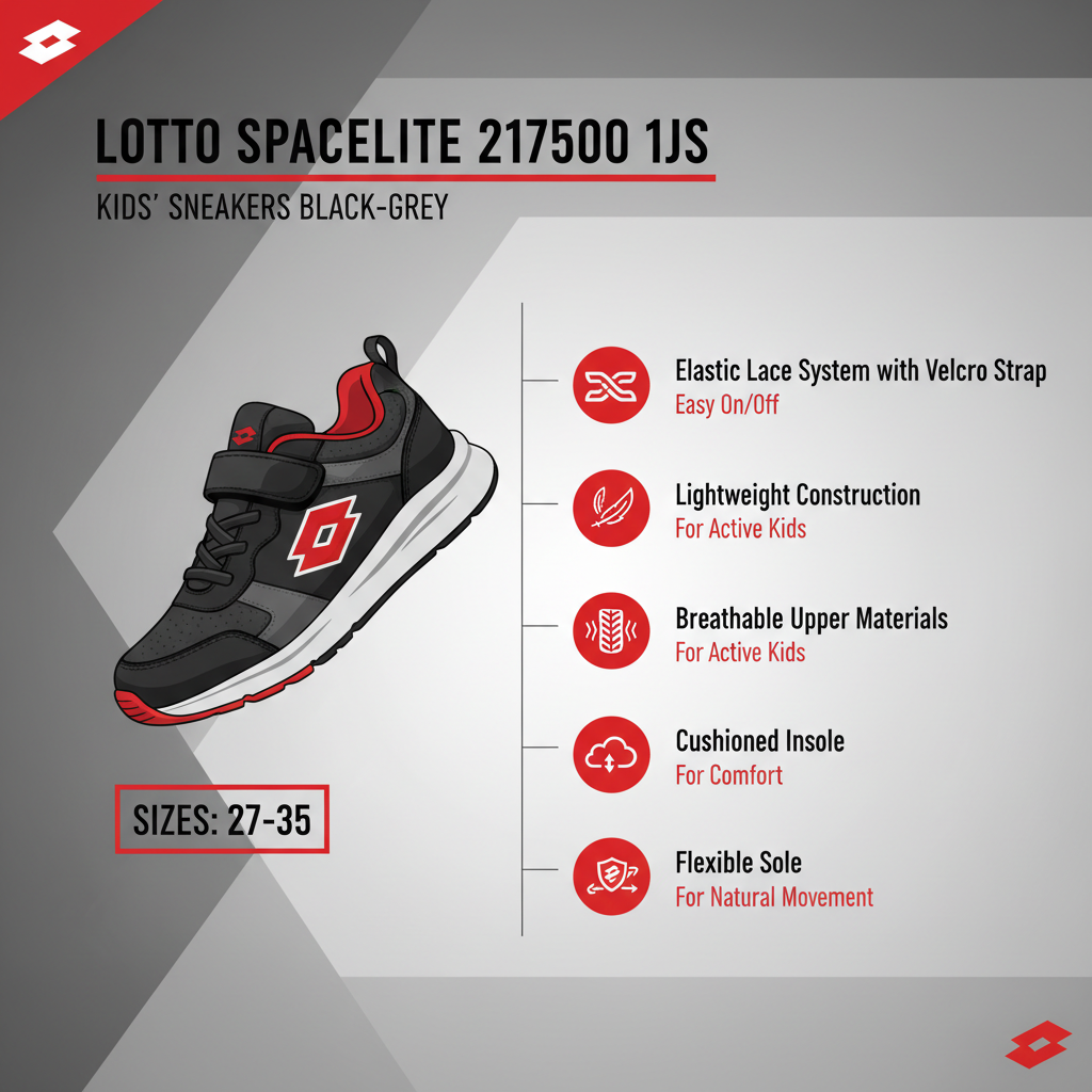 Lotto Spacelite 217500 1JS specifiche tecniche: laccio elastico velcro, leggere, suola flessibile, puntale rinforzato, sneakers bambino nero grigio