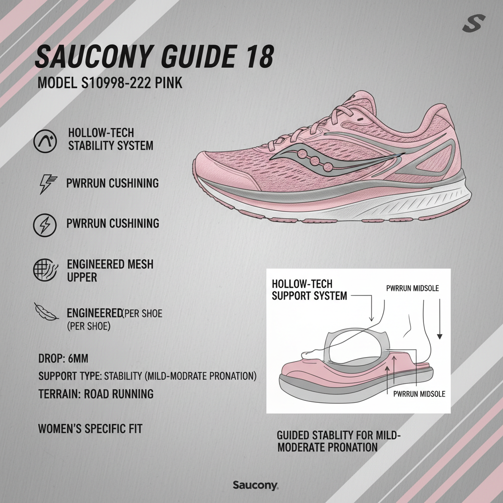 Infografica tecnica Saucony Guide 18 con specifiche HOLLOW-TECH PWRRUN stability