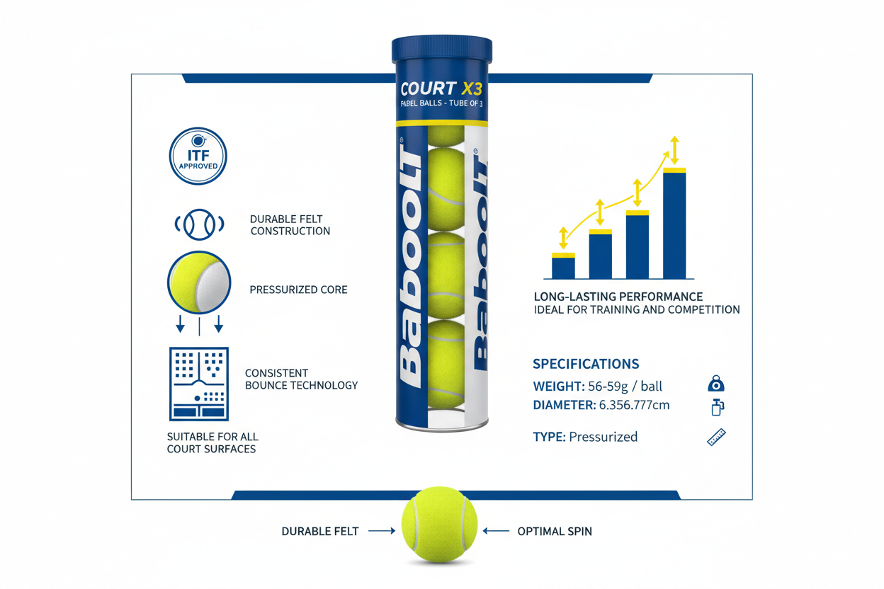 Infografica tecnica Babolat Court X3 palline padel: tubo 3 gialle, pressurizzate, rimbalzo costante, FIP approvate