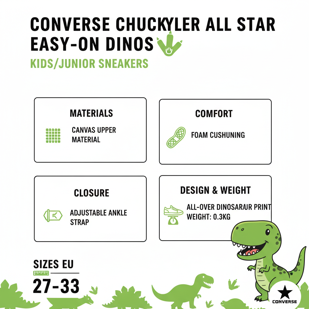 Infografica tecnica Converse Chuck Taylor All Star Easy-On Dinos A15899C con specifiche materiali canvas, stampa dinosauri all-over, ammortizzazione foam, strappo caviglia, taglie 27-33