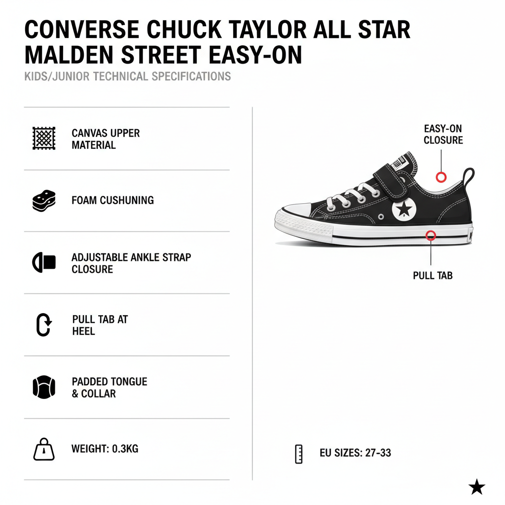 Infografica tecnica Converse Chuck Taylor All Star Malden Street Easy-On A15841C con specifiche materiali canvas, ammortizzazione foam, strappo regolabile caviglia, taglie 27-33