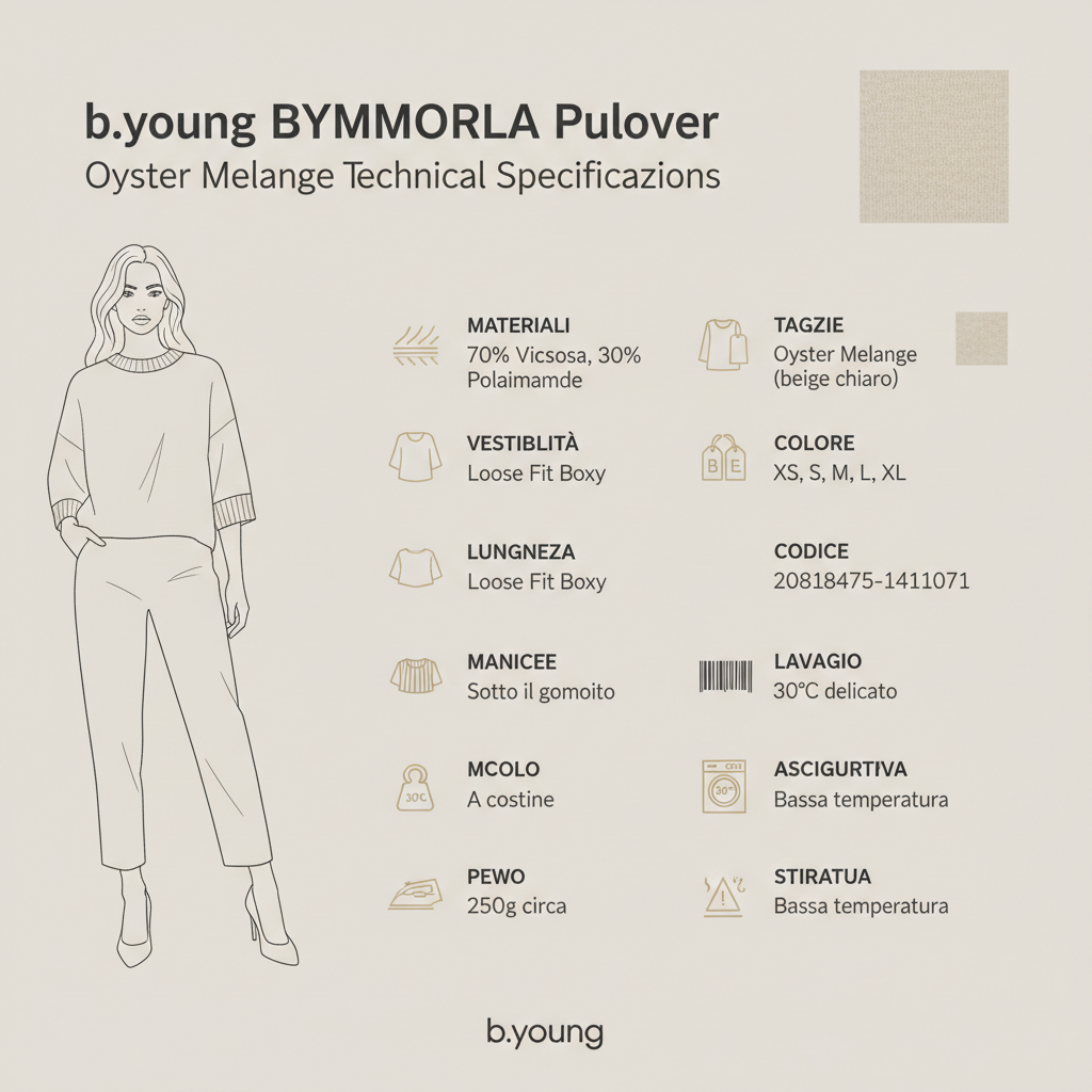 b.young BYMMORLA 20818475 pullover oyster melange specifiche tecniche viscosa poliammide loose fit boxy maniche corte taglie XS S M L XL