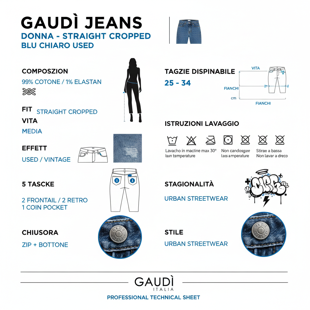 Infografica tecnica Gaudì jeans donna straight cropped: composizione cotone 99% elastan 1%, fit gamba dritta vita media, lunghezza cropped caviglia, tasche, chiusura, taglie 25-34, lavaggio blu chiaro used, cura PE26