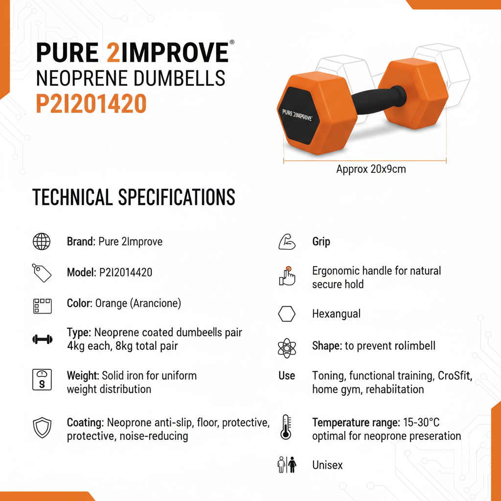 Infografica tecnica Pure 2Improve manubri neoprene P2I201420 4kg ferro solido grip esagonale
