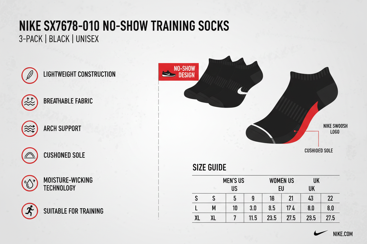 Infografica tecnica Nike SX7678-010 calze fantasmini nere 3 paia: no-show, lightweight, traspiranti, supporto arco, moisture-wicking