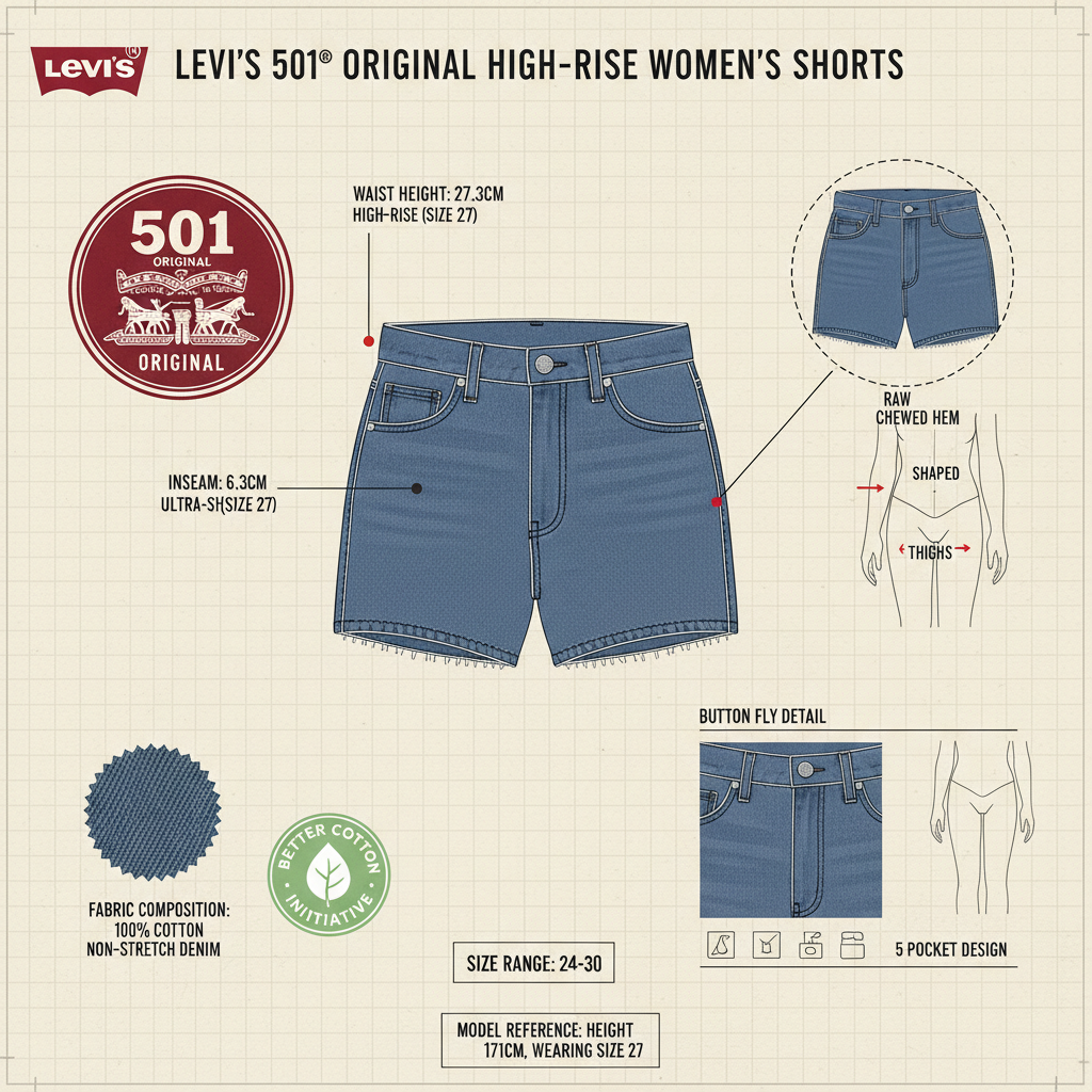 Infografica tecnica Levi's 501 Original Short - vita alta 27cm orlo chewed Better Cotton