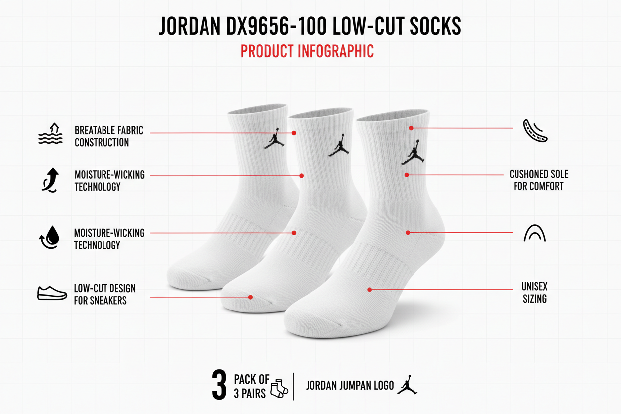 Jordan calze basse DX9656-100 caratteristiche: 3 paia bianco, low-cut design, moisture-wicking, supporto arco, logo Jumpman, grip tallone, unisex