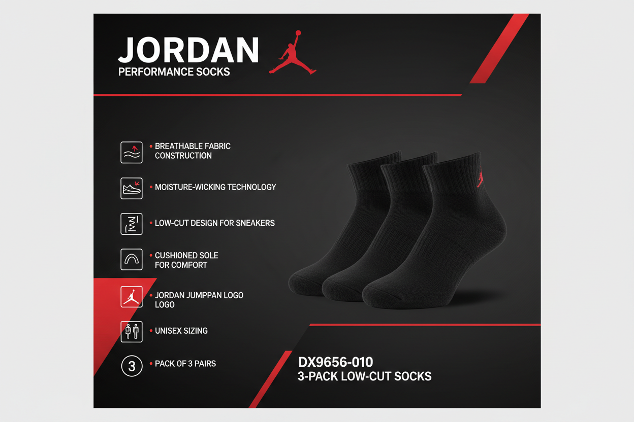 Jordan calze basse DX9656-010 caratteristiche: 3 paia nero, low-cut design, moisture-wicking, supporto arco, logo Jumpman, grip tallone, unisex