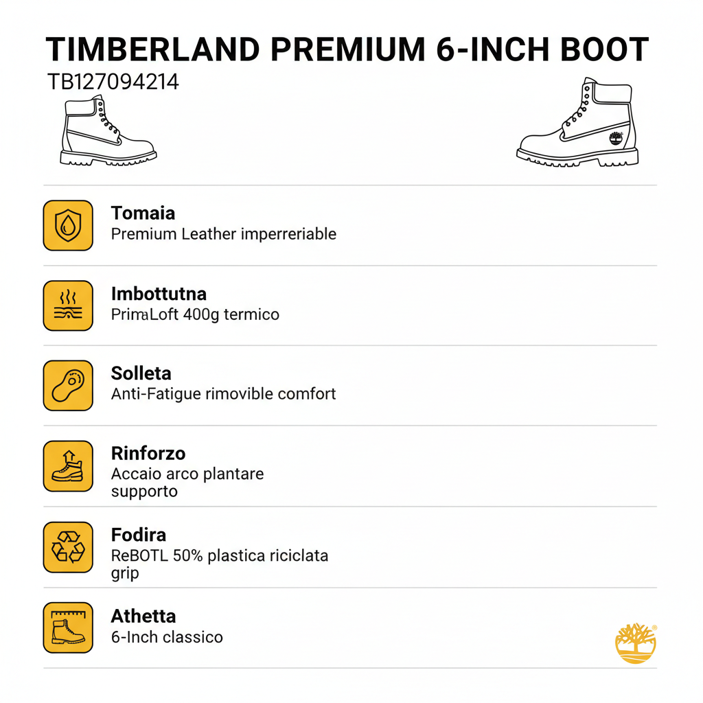 Infografica tecnica Timberland Premium 6-Inch TB127094214 - specifiche impermeabile PrimaLoft Anti-Fatigue
