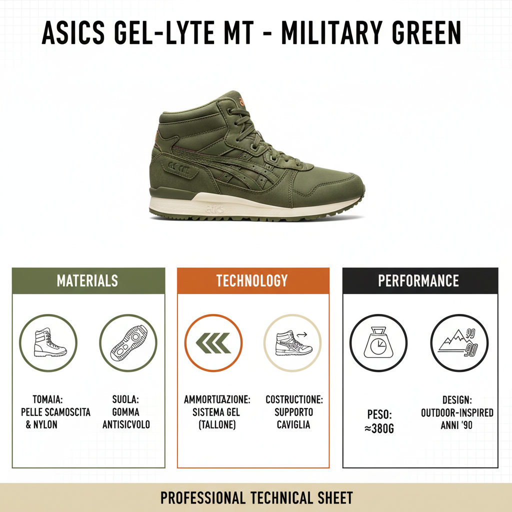 Infografica tecnica Asics Gel Lyte MT: sistema Gel ammortizzazione tallone, tomaia pelle scamosciata e nylon, costruzione mid-top supporto caviglia, suola antiscivolo, peso e design outdoor-inspired