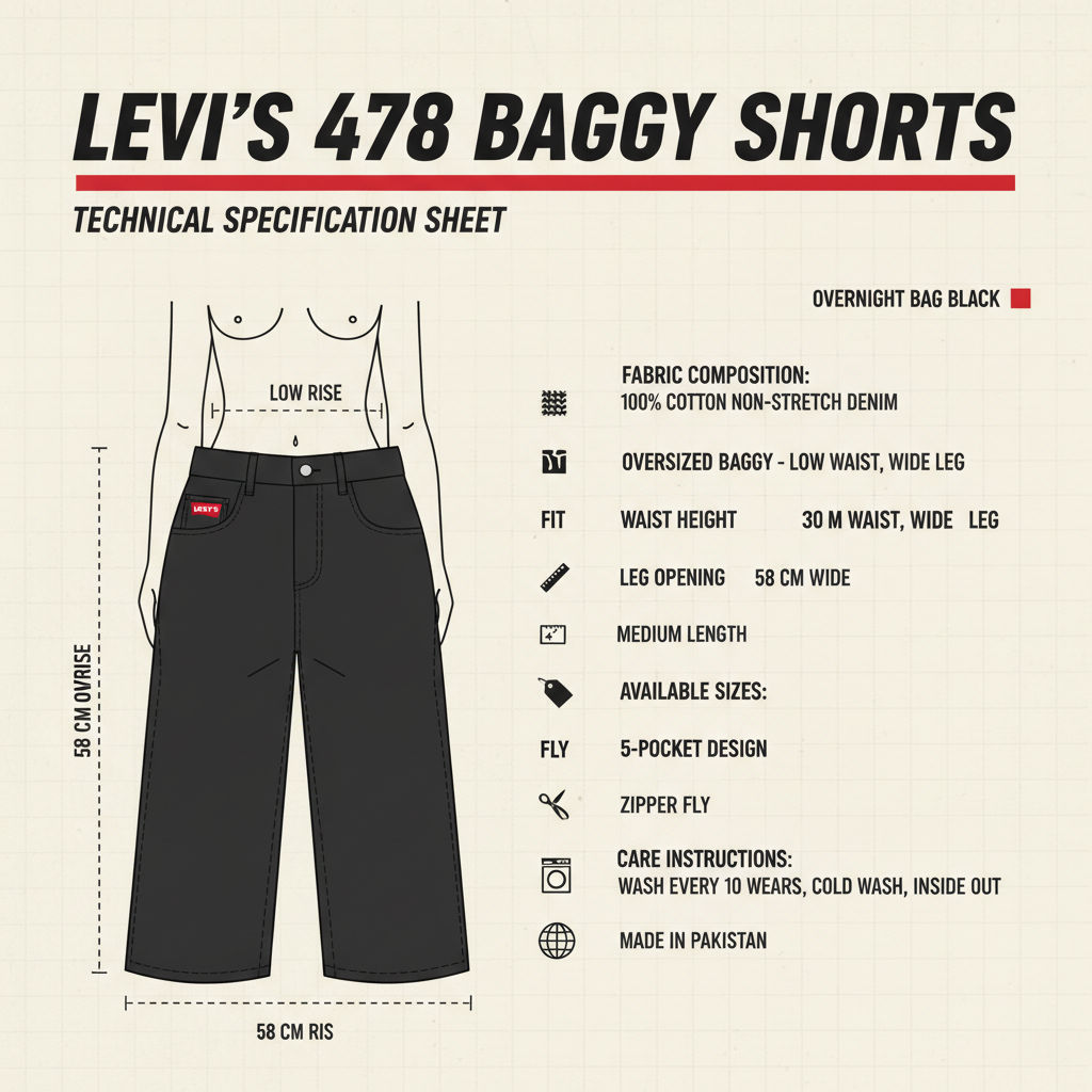 Infografica tecnica Levi's 478 Baggy Shorts nero - denim 100% cotone, fit oversize baggy, vita bassa 30cm, gamba 58cm, taglie disponibili