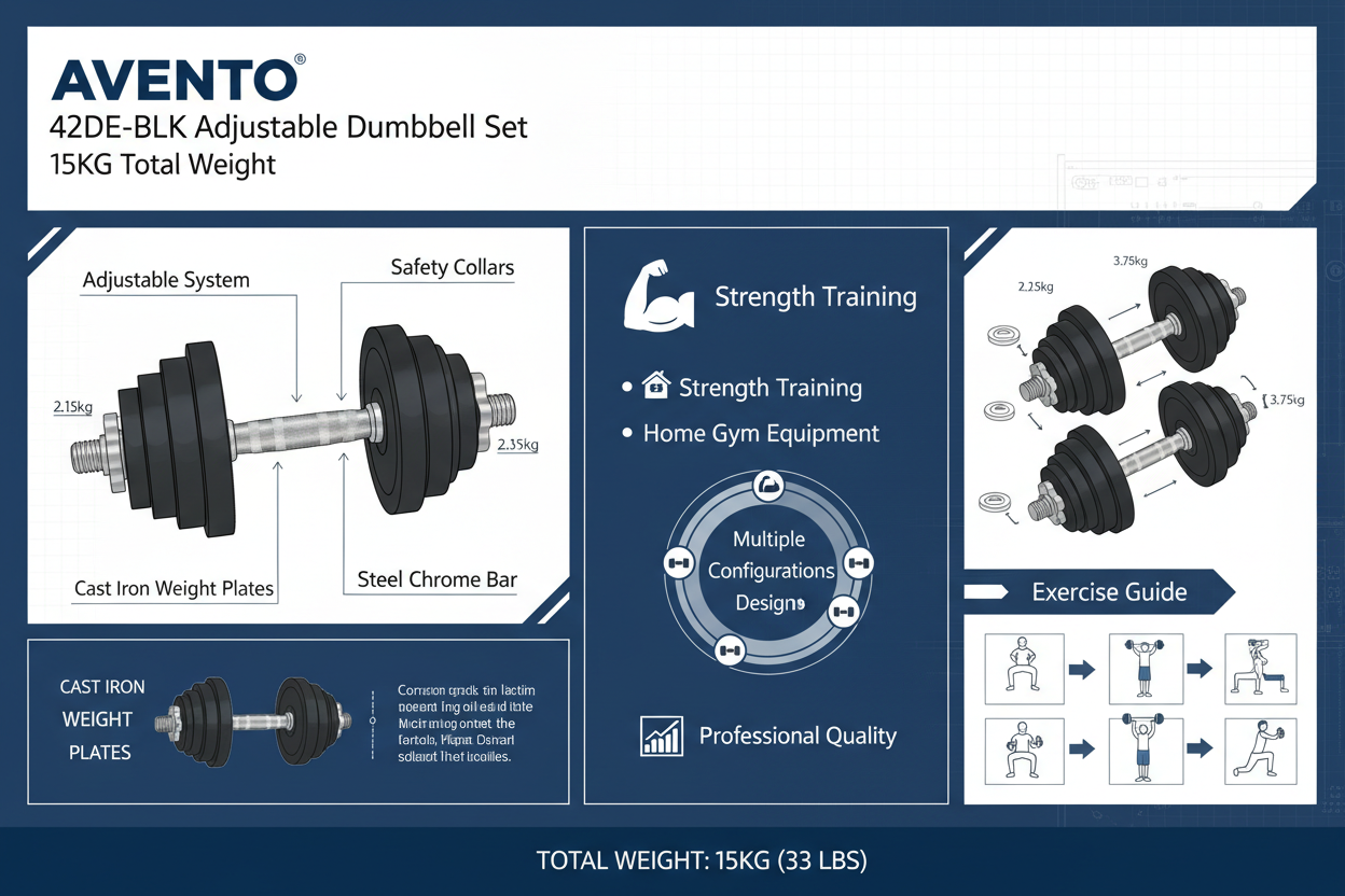 Infografica tecnica Avento 42DE-BLK manubrio regolabile 15kg: ghisa, acciaio, collari, home gym, configurazioni multiple