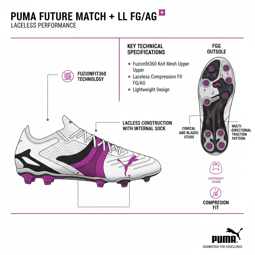 Infografica tecnica Puma Future Match LL: Fuzionfit360, senza lacci, calza interna, FG/AG, tacchetti misti, 220g