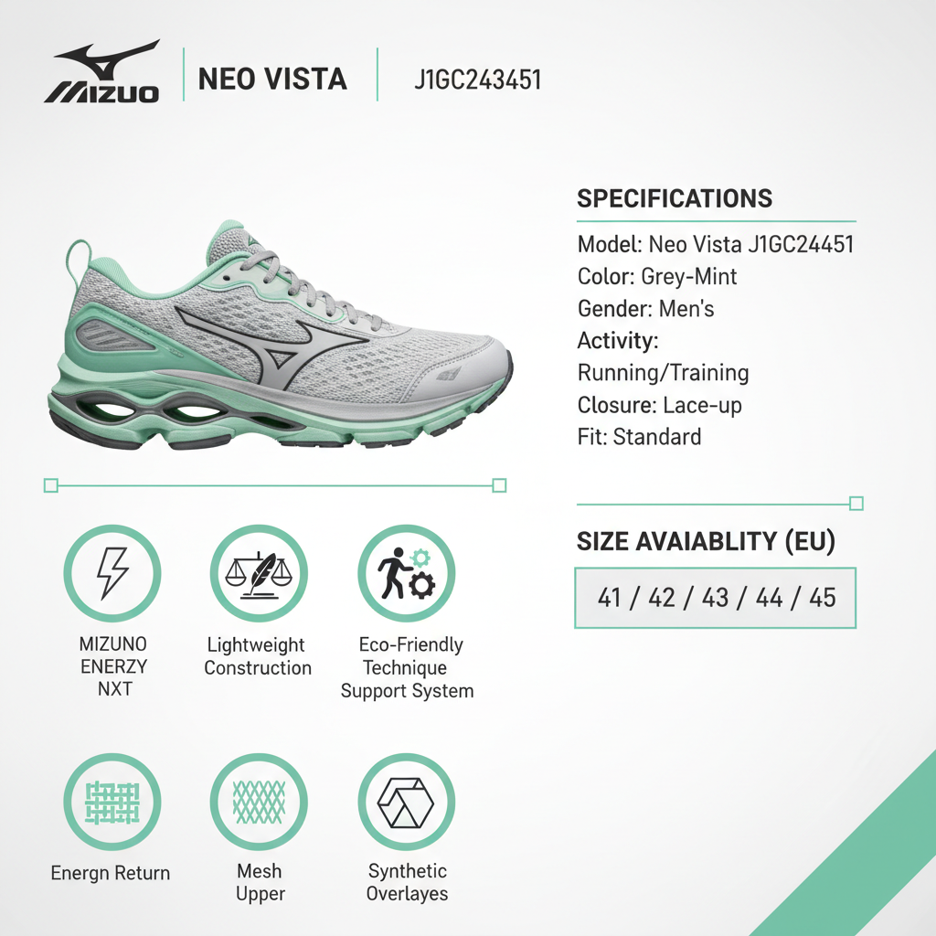 Mizuno Neo Vista J1GC243451 specifiche tecniche: MIZUNO ENERZY NXT ritorno energia, materiali eco-friendly, scarpe running uomo grigio menta taglie 41-45