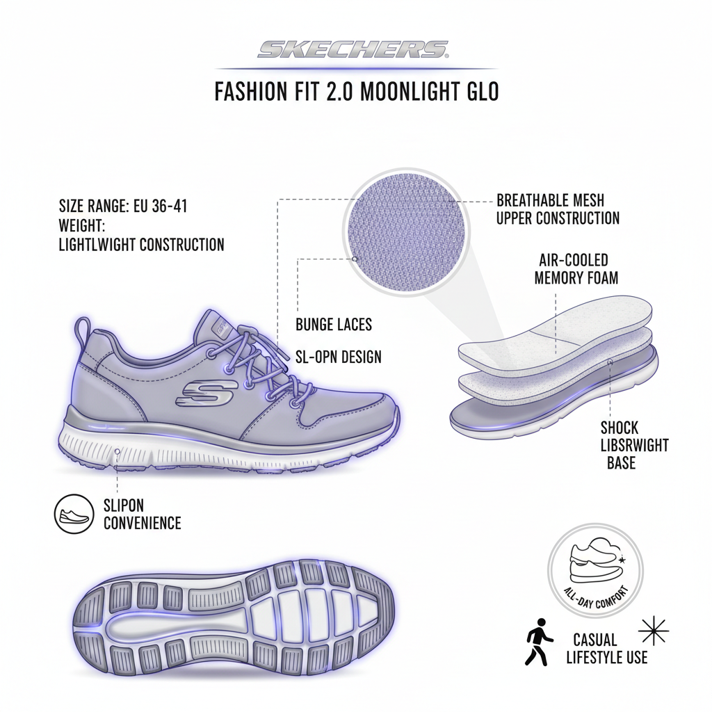 Infografica tecnica Skechers Fashion Fit 2.0 - slip-on Memory Foam mesh comfort