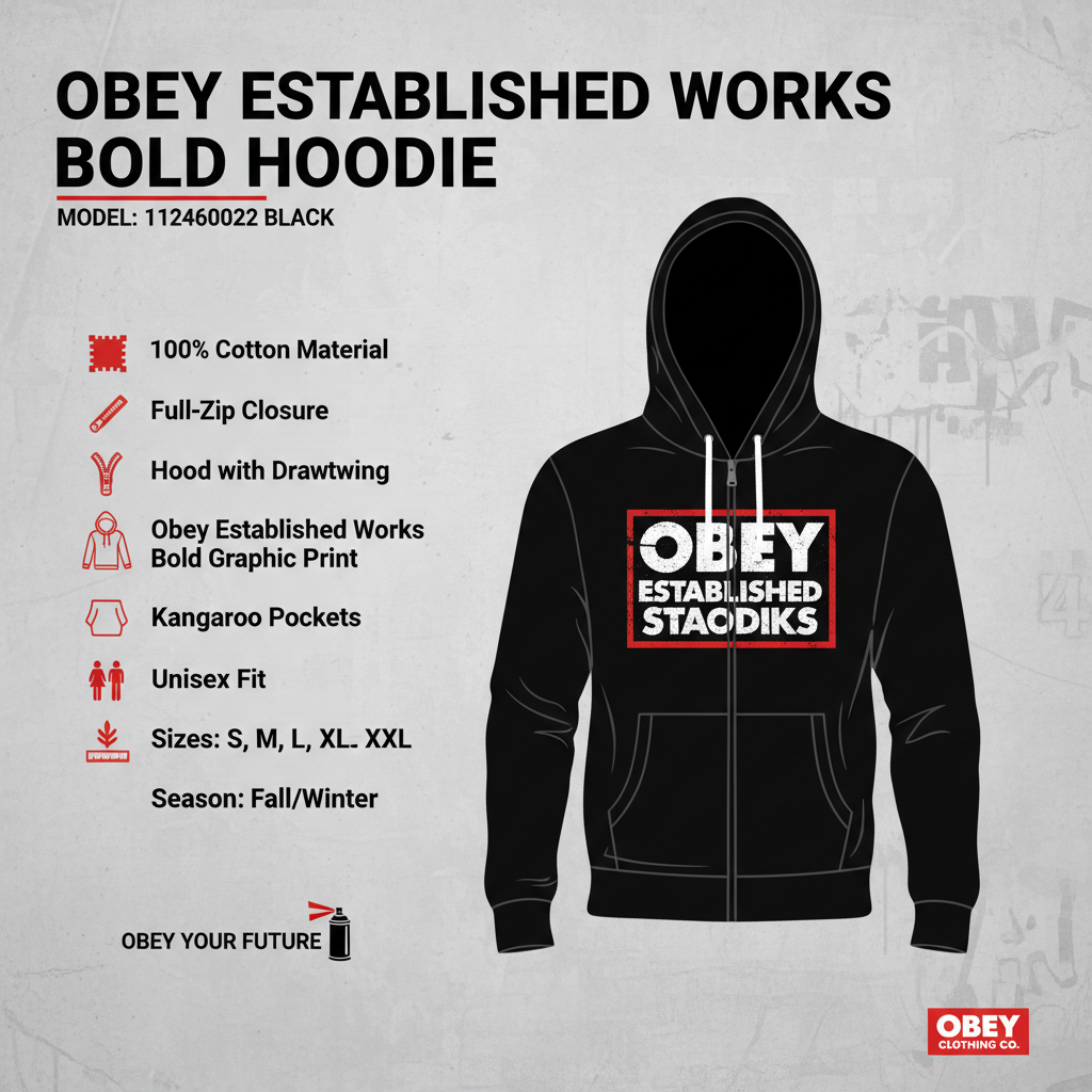 Infografica Obey Felpa Established Works Bold con specifiche cotone zip cappuccio