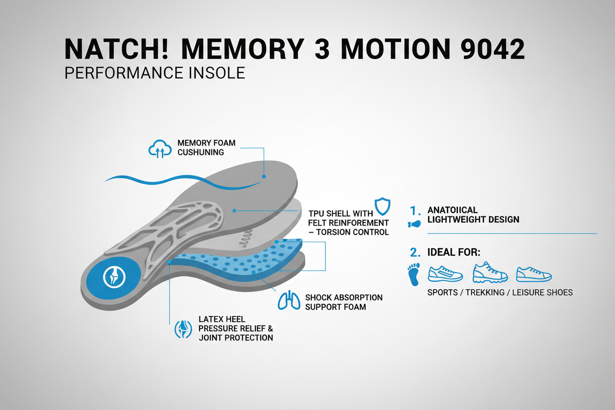 Natch! Memory 3 Motion 9042 caratteristiche: memory foam comfort, guscio TPU feltro, assorbimento urti, tallone lattice, traspirante, anatomica 35g