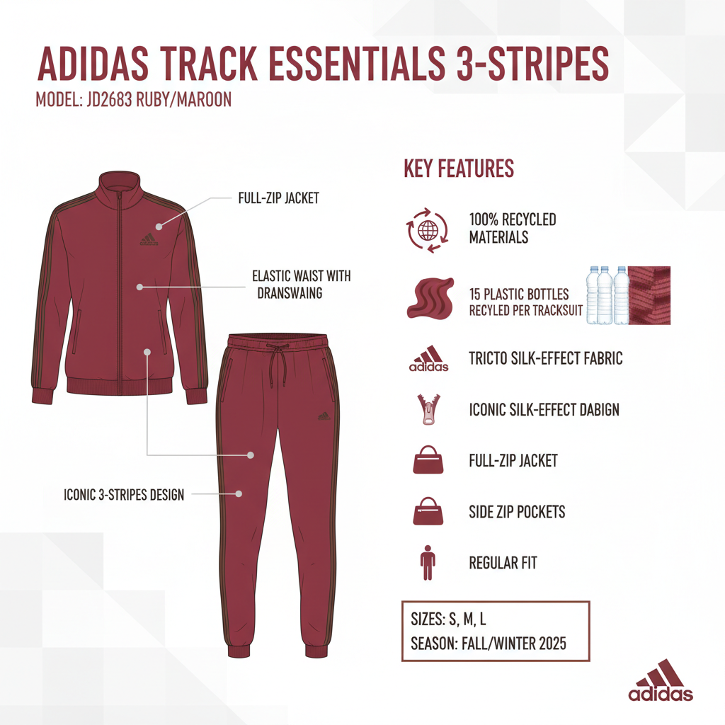Infografica tecnica Adidas Tuta Donna JD2683 con specifiche materiali riciclati 3-Stripes