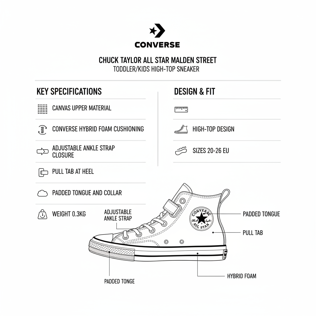 Infografica tecnica Converse Chuck Taylor All Star Malden Street A04825C con specifiche materiali canvas, ammortizzazione Hybrid foam, strappo regolabile caviglia, design alto, taglie 20-26