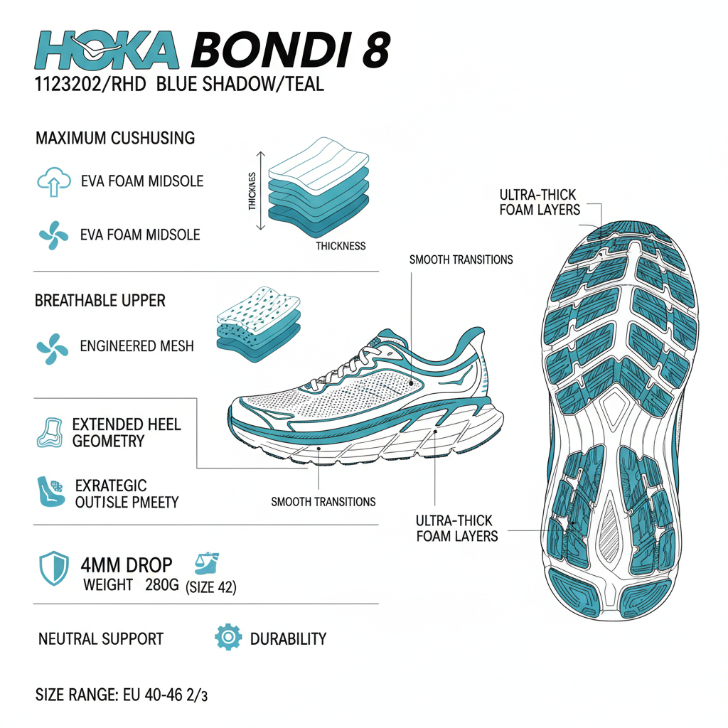 Infografica tecnica Hoka Bondi 8 1123202/RHD con specifiche massimo cushioning EVA, drop 4mm, geometria tallone ampliata
