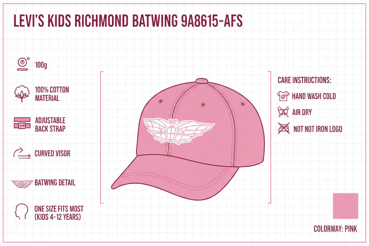 Infografica tecnica cappellino bambina Levi's Kids Richmond Batwing 9A8615-AFS: cotone 100%, peso 100g, taglia unica regolabile 52-56cm età 4-12 anni, visiera curva, logo Batwing ricamato, istruzioni lavaggio a mano acqua fredda