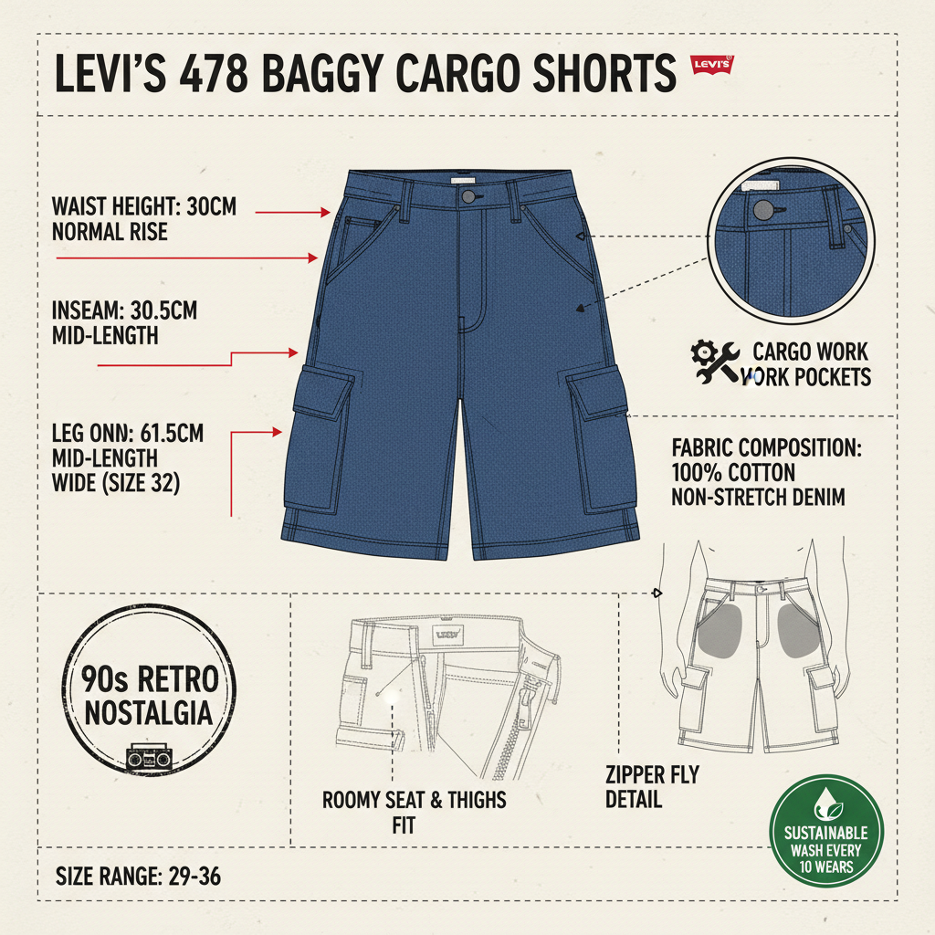 Infografica tecnica Levi's 478 Baggy Cargo Short - fit anni 90 tasche cargo 30.5cm