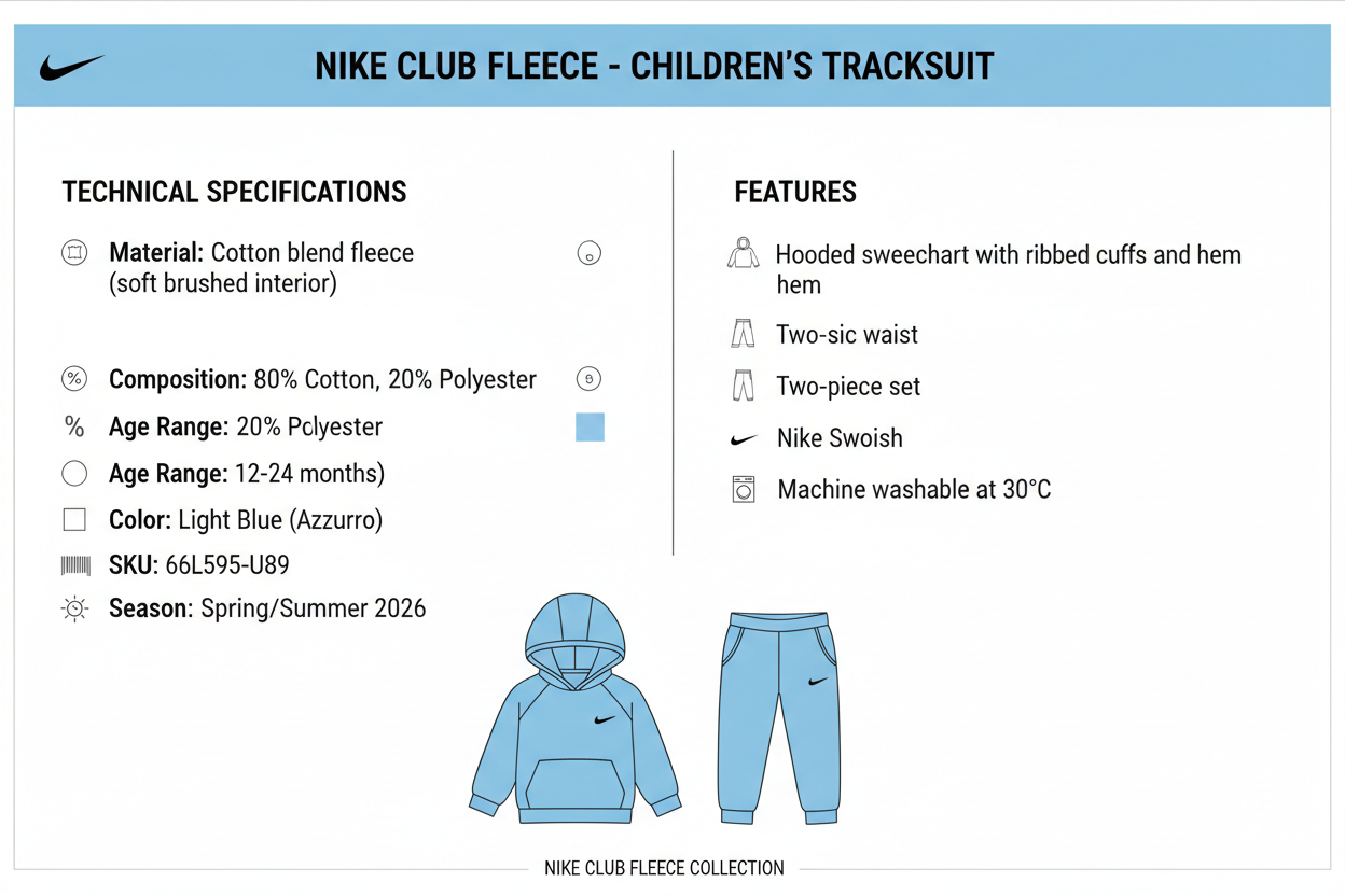 Infografica tecnica Nike Tuta Club Fleece Bambino 66L595-U89 - Specifiche materiali, taglie, caratteristiche