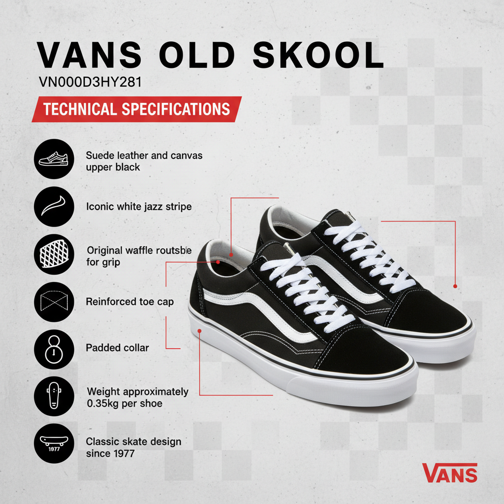 Infografica tecnica Vans Old Skool VN000D3HY281 specifiche scamosciata waffle jazz stripe heritage