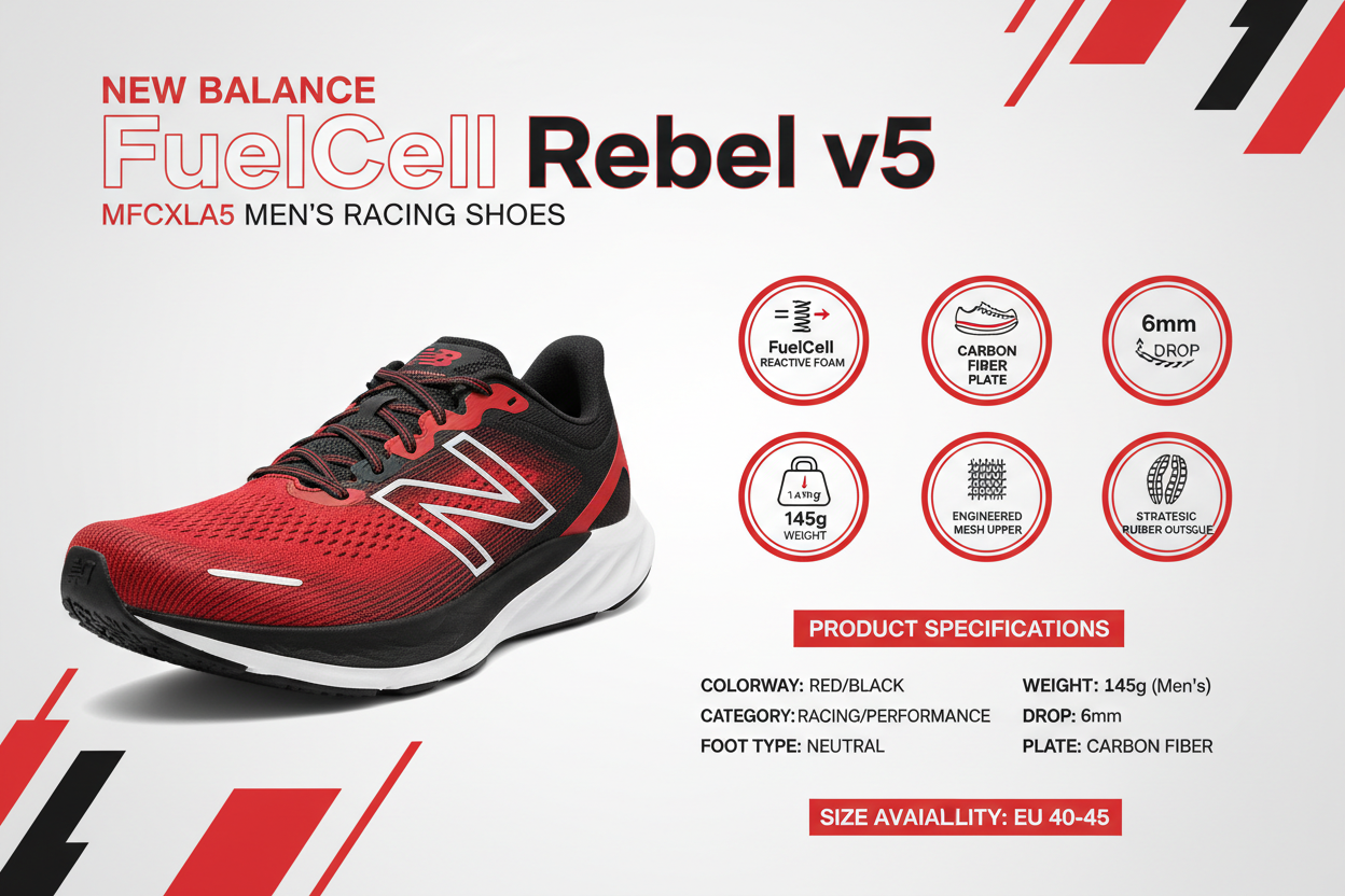 Infografica tecnica New Balance FuelCell Rebel v5 MFCXLA5: scarpa racing rosso fuoco nero, piastra carbonio, FuelCell foam, peso 145g, drop 6mm, specifiche tecniche running