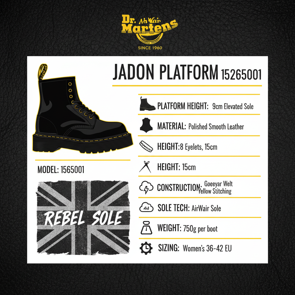 Infografica tecnica Dr. Martens Jadon Platform 15265001 specifiche zeppa 9cm Goodyear Welt AirWair heritage