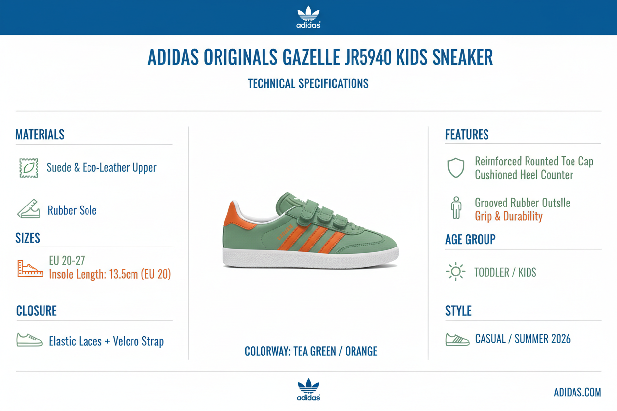 Infografica tecnica Adidas Gazelle JR5940 bambini: materiali camoscio ecopelle, taglie 20-27, chiusura lacci elastici velcro, suola gomma antiscivolo, colore verde arancio