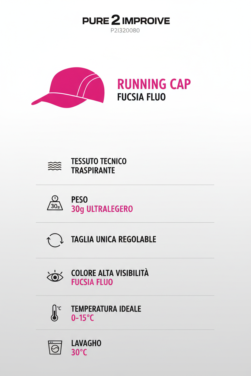 Infografica tecnica Pure 2Improve Cappellino Running P2I320080: tessuto traspirante, peso 30g, taglia unica, fucsia fluo visibilità, temperatura 0-15°C, lavaggio 30°C