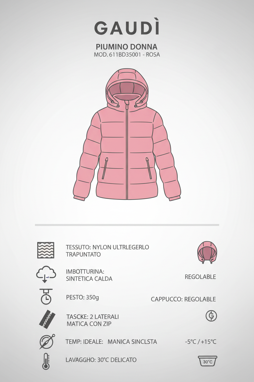 Infografica tecnica Gaudì Piumino 611BD35001 donna: nylon ultraleggero, peso 350g, cappuccio, tasche zip, temperatura -5/+15°C, lavaggio delicato