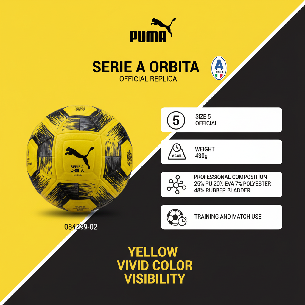 Infografica tecnica pallone Puma Serie A Orbita 084299-02 specifiche misura 5 430g PU EVA replica