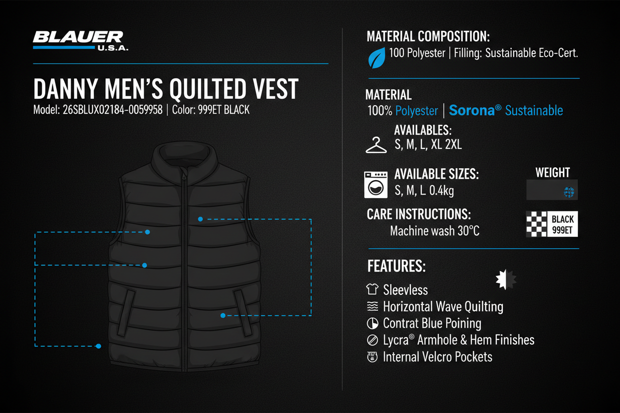 Infografica tecnica Gilet Blauer Danny 26SBLUX02184-005958 uomo nero quadri: imbottitura Sorona sostenibile, taglie S-2XL, peso 0.4kg, trapuntatura onde, versatilità massima