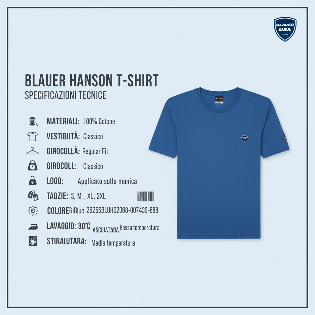 Blauer Hanson 2626SBLUH02068 t-shirt blu specifiche tecniche cotone regular fit girocollo logo manica taglie S M L XL 2XL