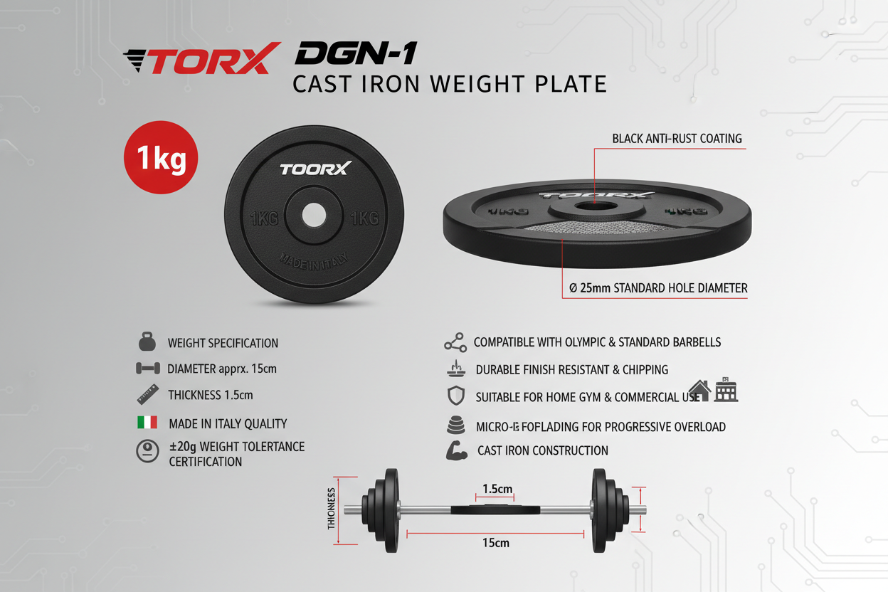 Infografica tecnica Toorx DGN-1 disco ghisa 1kg nero: foro 25mm, Made in Italy, ±20g certificato, anti-ruggine