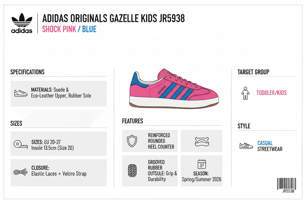 Infografica tecnica Adidas Gazelle JR5938 bambini: materiali camoscio rosa shock ecopelle blu, taglie 20-27, chiusura lacci elastici velcro, suola gomma antiscivolo, peso 100g