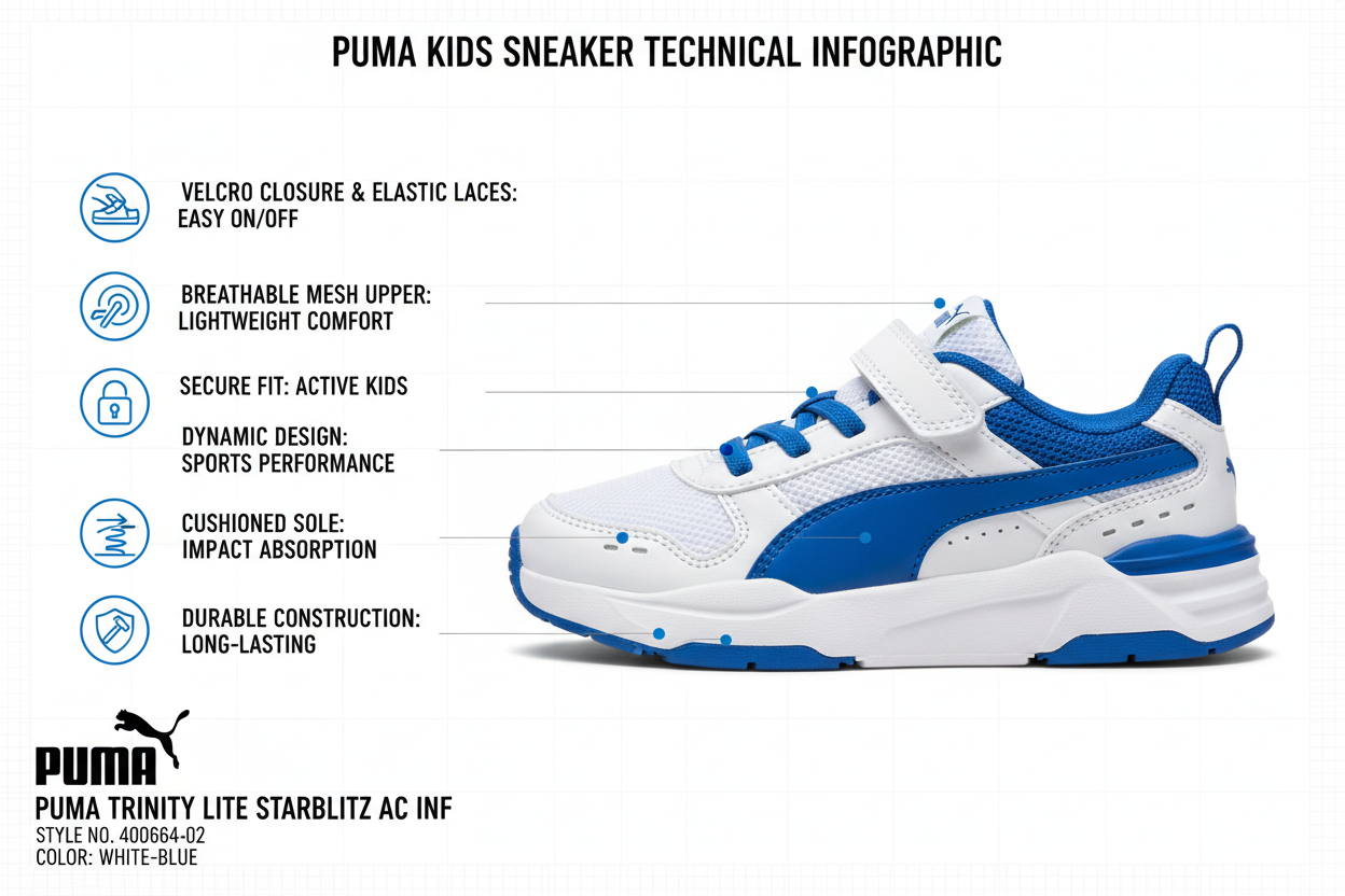 Puma Trinity Lite Starblitz AC Inf 400664-02 caratteristiche: velcro lacci elastici, mesh traspirante, suola ammortizzata, design dinamico, peso 120g, bianco blu
