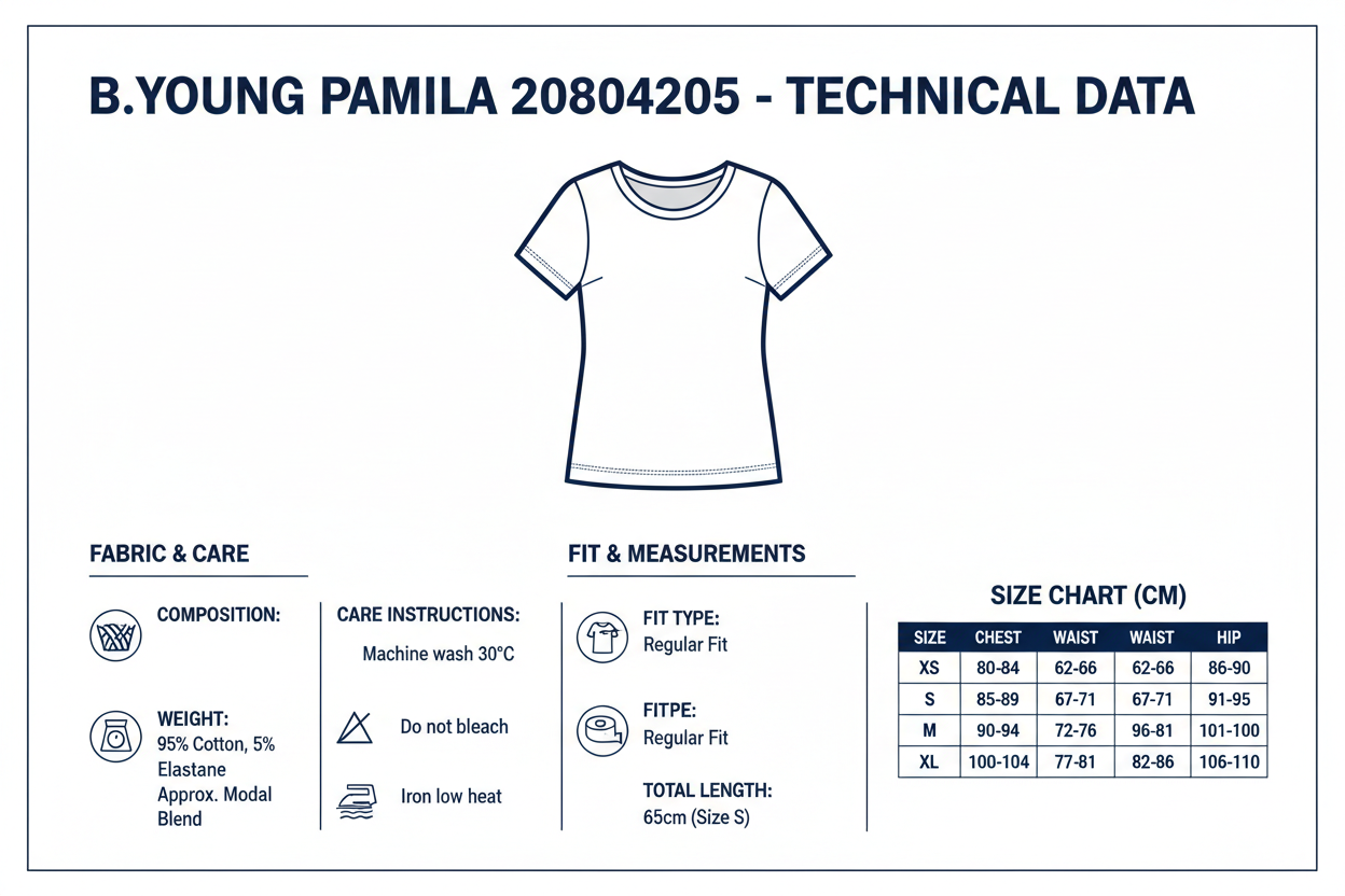 Infografica tecnica t-shirt donna b.young Pamila 20804205 80466: composizione cotone modal elastan, peso 180g, guida taglie XS-XL, istruzioni lavaggio 30°C, vestibilità regular fit 65cm